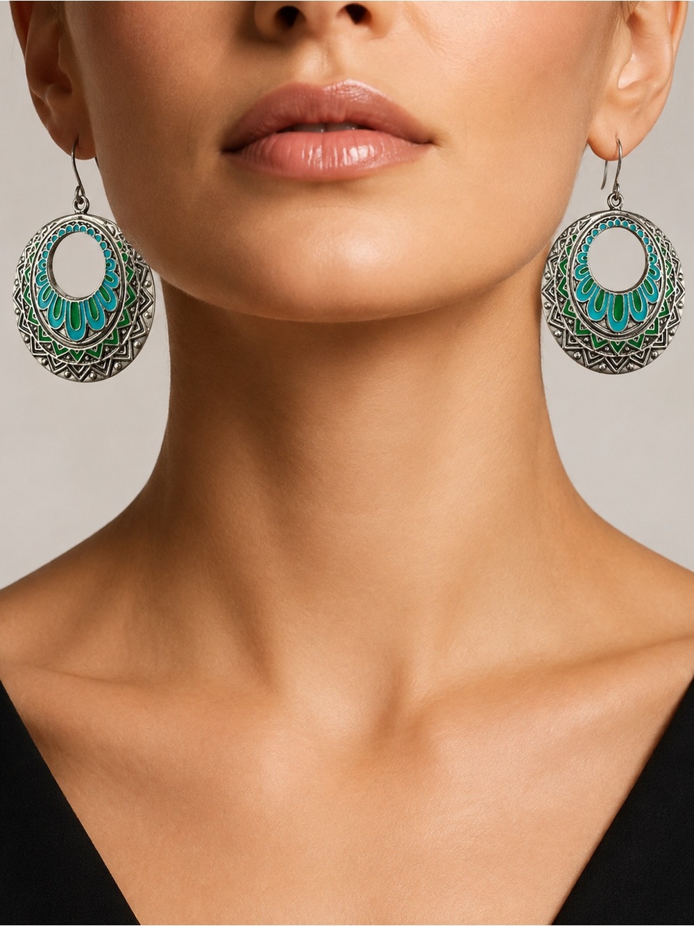 VTG 90s Southwestern Boho Enamel Hoop Earrings, Statement Dangles EUC festival